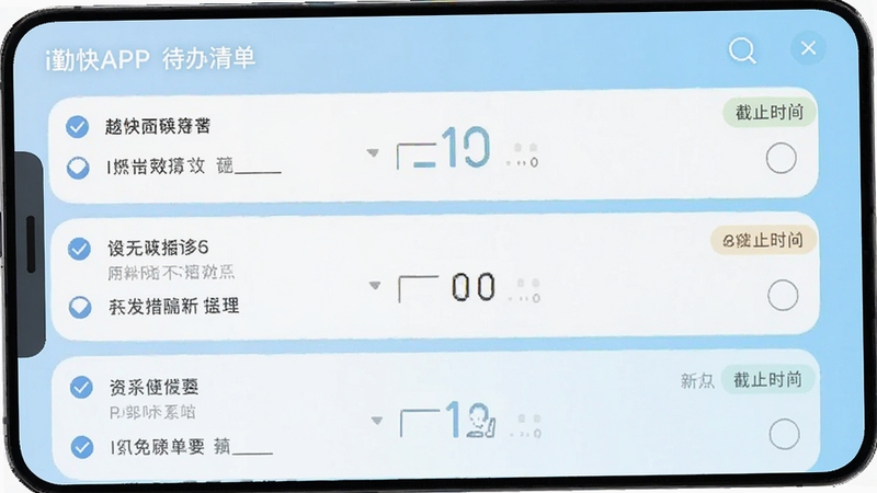 i勤快APP待办清单界面截图,手机屏幕显示多条任务卡片,带有勾选圆圈和截止时间标签,背景为浅蓝色渐变,画面干净明亮,突出效率办公氛围
