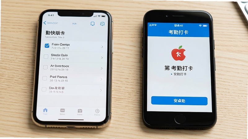 i勤快苹果版和安卓版手机并排展示,屏幕分别显示待办列表和考勤打卡界面,背景为浅色木纹桌面,风格简洁对比清晰