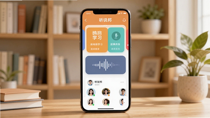 软件核心全貌展示,画面中央是智能手机屏幕,屏幕中显示听说邦APP的主界面,界面包含语言学习卡片、语音波形图标和用户头像列表,背景是柔和的书房环境,有书架和绿植点缀,整体色调温暖明亮,风格简洁现代,适配Boogu模型生成