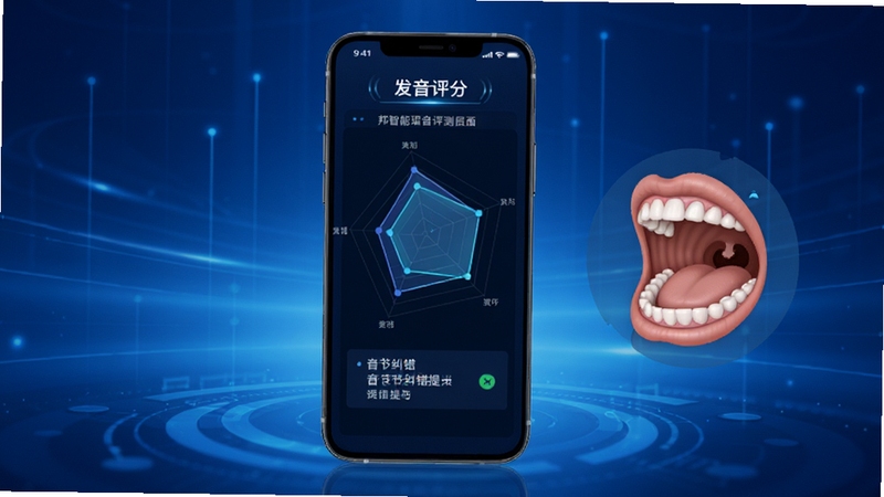 听说邦智能语音评测界面,画面中央是手机屏幕,屏幕显示发音评分雷达图和音节纠错提示,旁边有口腔发音示意图,背景是科技感十足的蓝色渐变光影,风格专业且富有未来感