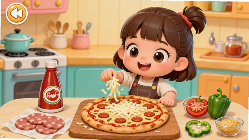 宝宝美食帮帮忙美食制作界面,画面中央是卡通小女孩正在给披萨撒芝士,操作台上摆放着番茄酱、火腿片、青椒圈等食材,背景是暖色调的儿童厨房,卡通风格,色彩明亮,适合Boogu模型生成