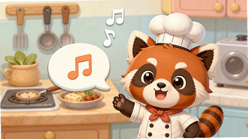 宝宝美食帮帮忙语音引导界面,画面中卡通小熊猫戴着厨师帽,旁边有对话气泡和音符符号,背景是厨房操作台,卡通风格,色彩柔和,适合Boogu模型生成