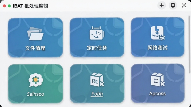 代码片段库面板展示,多个批处理模板卡片排列,包含文件清理、定时任务、网络测试等图标,浅色背景,圆角卡片设计,iBAT 批处理编辑工具界面局部