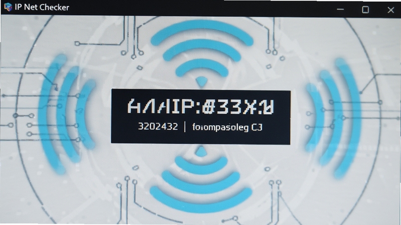 IP Net Checker软件主界面特写,屏幕中央醒目显示公网IP地址和地理位置信息,周围环绕网络信号波纹图标,蓝色科技光效,简洁扁平化设计风格