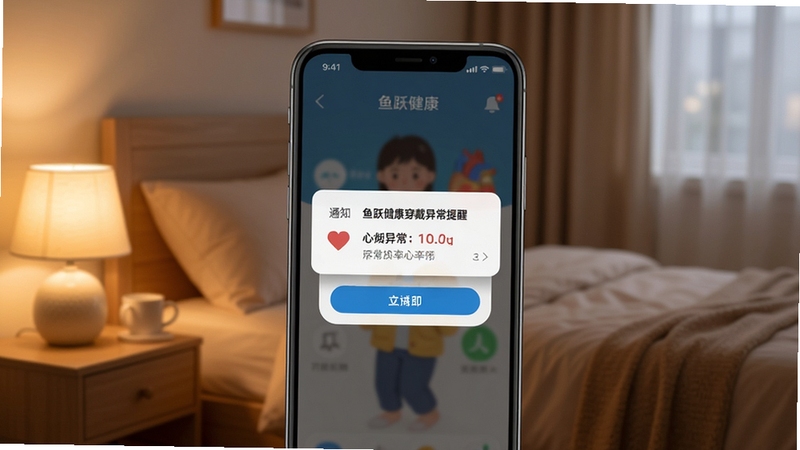 鱼跃健康穿戴异常提醒弹窗界面,手机屏幕显示心率异常通知卡片,背景为温馨卧室场景,光线柔和,突出关怀与提醒氛围