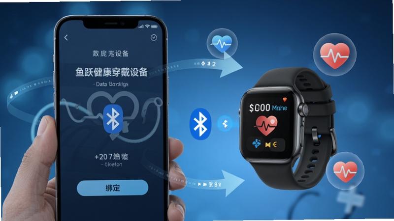 鱼跃健康穿戴设备绑定界面,画面展示手机与智能手表通过蓝牙连接成功,周围环绕数据同步箭头与健康图标,背景为柔和的科技蓝光