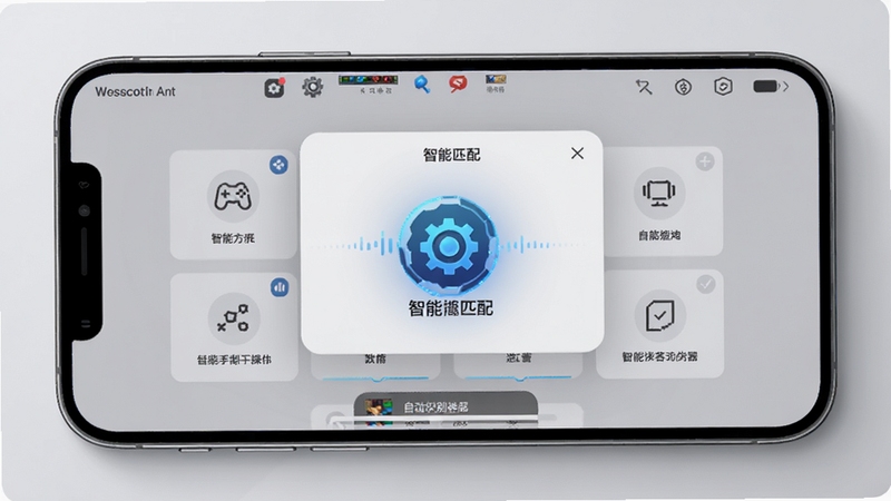 万能手游辅助神器智能操作界面,手机屏幕显示自动识别游戏进程的弹窗,界面中有多个操作方案卡片可供选择,背景为浅灰色极简风格,画面中央突出智能匹配图标,科技感与实用性兼具
