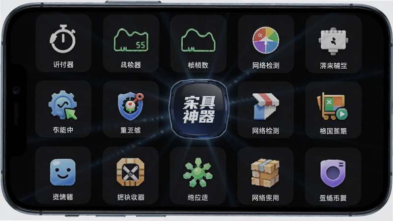 万能手游辅助神器实用工具集合界面,手机屏幕展示多个小工具图标排列,包括计时器、帧率显示、网络检测等,背景为深色主题配以亮色图标,画面中心突出工具集合概念