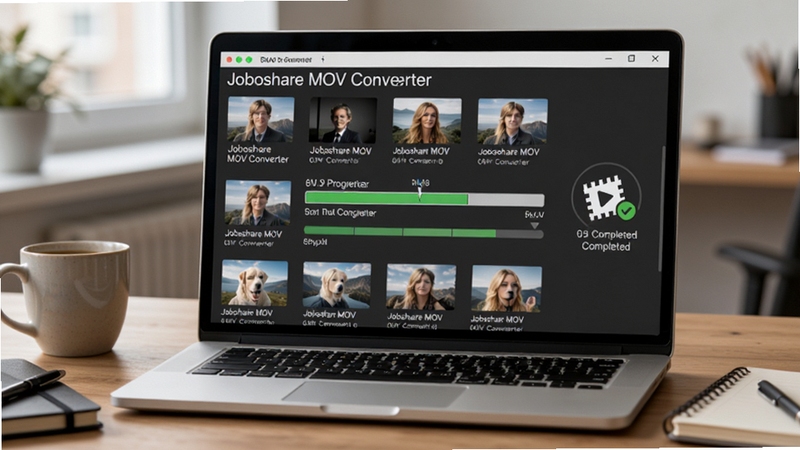 ����չʾһ̨�ʼǱ�������Ļ����Ļ����ʾ Joboshare MOV Converter ��������ת����� MOV �ļ��������������ɼ����Ա���ת����ɵ���ʾͼ�꣬����Ϊ��ܰ�İ칫���滷�����п��ȱ��ͱʼǱ���������дʵ�Ҵ��пƼ��У����� Boogu ģ�����ɡ�