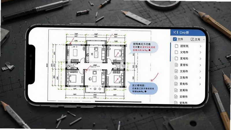 团筑图纸管理功能展示,手机横屏显示建筑平面图,图纸上带有标注线条与批注气泡,旁边有文件列表侧边栏,背景为深灰色工作台,体现团筑在工程场景中的实用性
