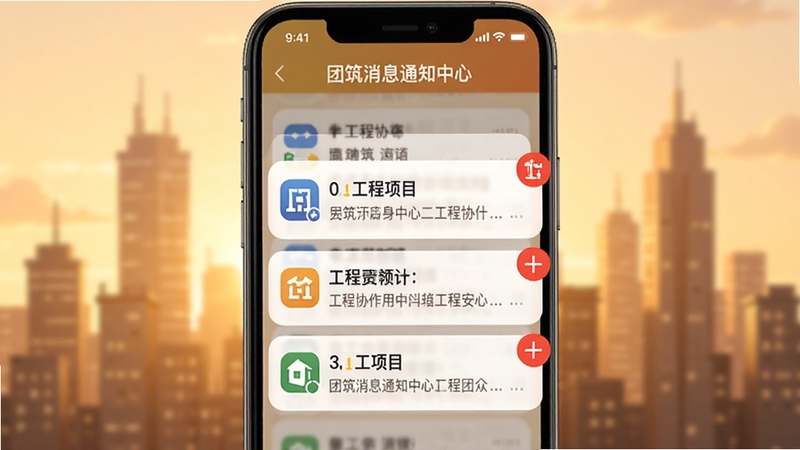 团筑消息通知中心界面,手机屏幕弹出多条工程协作通知,带有项目图标与红色角标,背景为模糊的城市建筑剪影,整体色调温暖,强调团筑的高效沟通属性