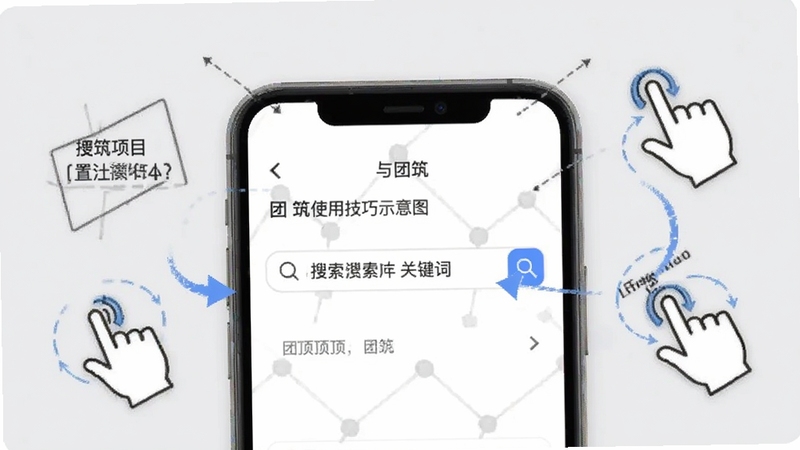 团筑使用技巧示意图,手机屏幕展示项目置顶操作与搜索框输入关键词,周围有箭头标注与手势图标,背景为浅灰色,突出团筑的便捷操作,画面干净直观