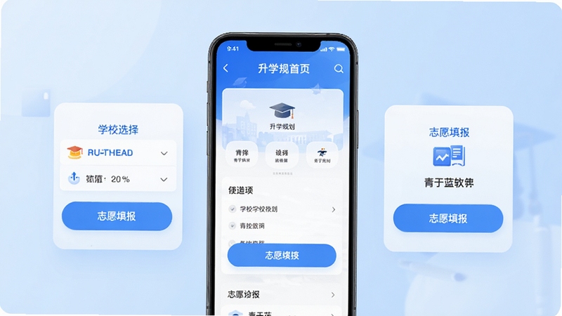 青于蓝升学软件主界面展示,画面中央为手机屏幕显示升学规划首页,背景为淡蓝色渐变,包含学校选择与志愿填报功能入口,整体风格简洁清新