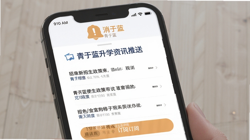 青于蓝升学资讯推送界面,手机屏幕显示最新招生政策列表与订阅按钮,背景为白色,顶部有醒目的消息提醒图标
