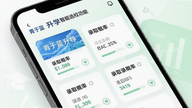 青于蓝升学智能选校功能界面,手机屏幕显示多所推荐学校卡片,每张卡片包含学校名称与录取概率,背景为白色与浅绿色搭配,突出数据可视化效果