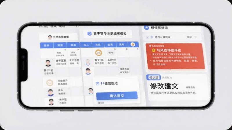 青于蓝升学志愿填报模拟界面,手机屏幕展示志愿表格与风险评估提示,背景为浅灰色,包含确认提交按钮与修改建议区域