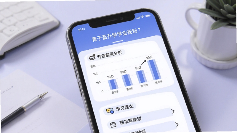 青于蓝升学学业规划页面,手机屏幕显示专业前景分析图表与学习建议列表,背景为淡紫色,整体风格柔和专业