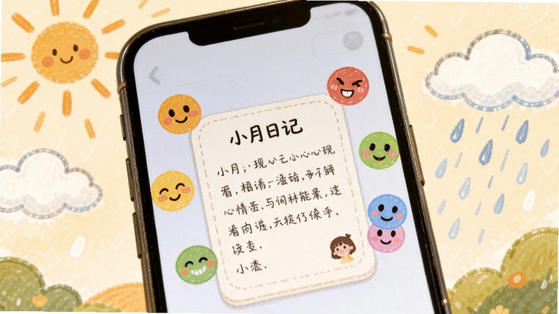 小月日记心情标记功能展示,画面是一个手机屏幕特写,屏幕内显示五颜六色的心情表情环绕着一篇日记卡片,背景是温暖的手绘风格插画,有太阳、云朵和小雨滴,体现记录生活的丰富情感