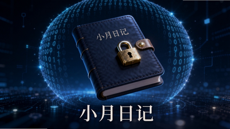 小月日记隐私加密界面概念图,画面展示一个带有金色锁扣的日记本悬浮在深蓝色数字空间,周围环绕着二进制代码组成的保护罩,突出安全与科技感,软件名称小月日记以优雅字体显示在画面底部