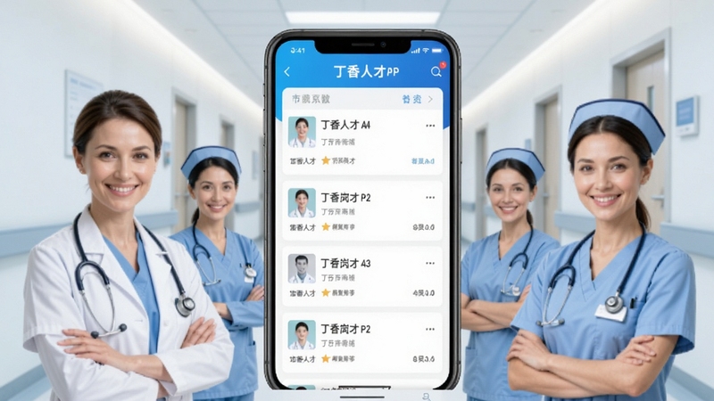 丁香人才APP智能推荐界面展示,手机屏幕中显示医疗岗位列表,医生护士形象环绕,背景为医院走廊,明亮专业风格