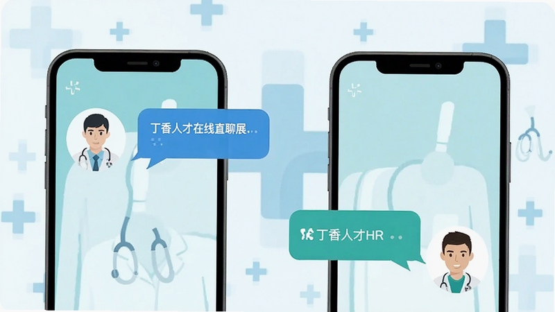 丁香人才在线直聊功能展示,两部手机屏幕对话气泡交互,医生与HR头像,背景为简洁医疗十字元素,现代扁平化设计