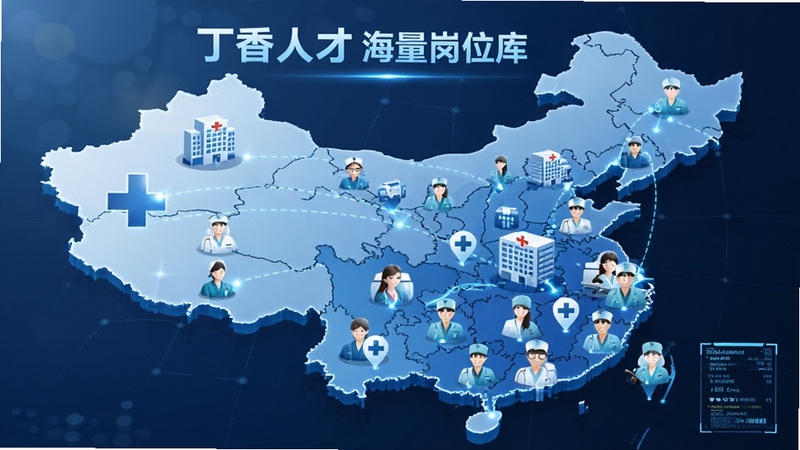 丁香人才海量岗位库视觉概念图,中国地图上密布医疗图标,连接医院建筑与医护人物,蓝白色调,科技感与专业感并存