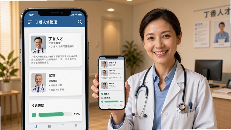 丁香人才简历管理界面,手机屏幕显示简历卡片与投递进度条,医生手持手机微笑,背景为医院办公室,温暖专业氛围