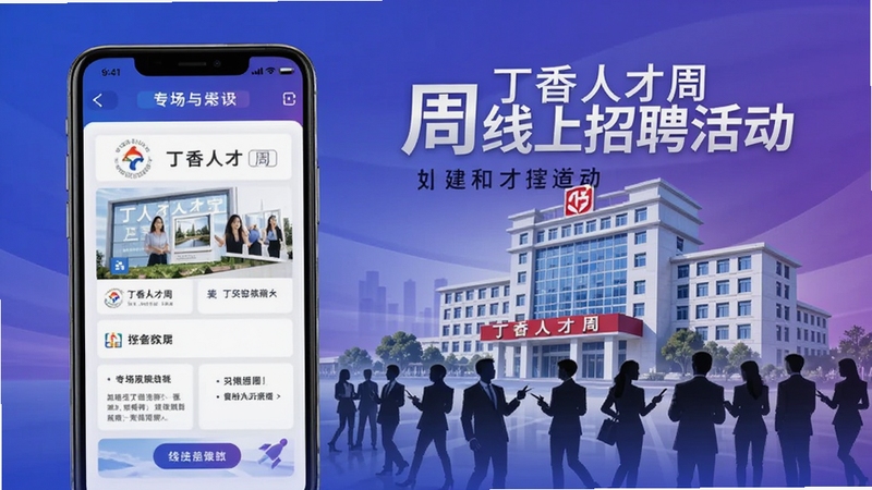 丁香人才周线上招聘活动宣传图,手机屏幕显示专场页面,医院建筑与人群剪影,蓝紫色渐变背景,活力专业风格