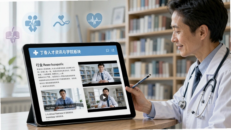 丁香人才资讯与学院板块,平板电脑显示行业文章与视频课程,医生在旁学习,背景为图书馆与医疗图标,柔和光线