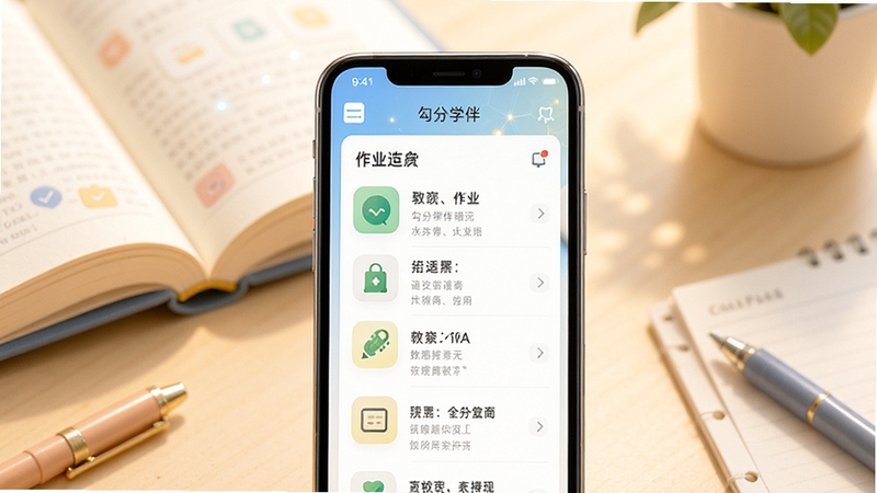 勾分学伴软件主界面全貌展示,画面中心呈现手机屏幕上的应用图标与清爽的作业列表界面,背景区域为柔和的书本与文具元素,整体色调温暖明亮,突出教育科技感与亲和力,适配Boogu模型生成