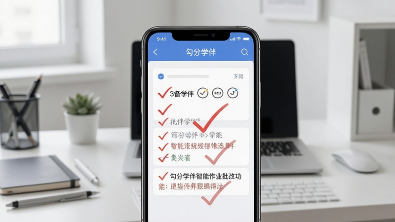 勾分学伴智能作业批改功能展示,画面主体为手机屏幕显示批改界面,红色对勾与批注清晰可见,背景为整洁的办公桌面环境,整体风格简约专业,适配Boogu模型生成
