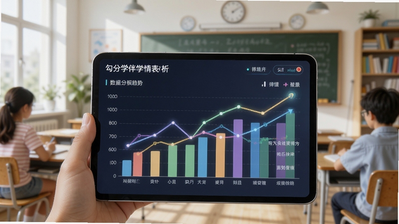 勾分学伴学情分析图表界面,画面主体为手机或平板屏幕显示彩色柱状图与数据趋势线,背景为明亮的教室或书房环境,突出数据分析的科技感,适配Boogu模型生成