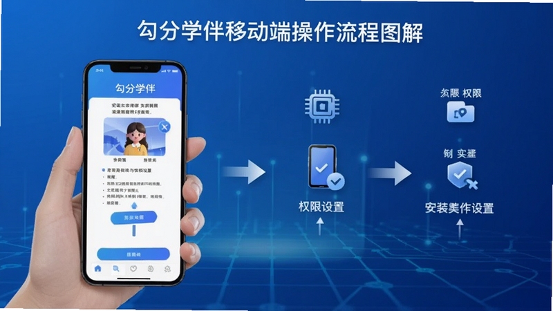 勾分学伴移动端操作流程图解,画面主体为手持手机展示安装与权限设置步骤,背景为简洁的蓝色渐变科技背景,带有箭头指引与图标元素,适配Boogu模型生成