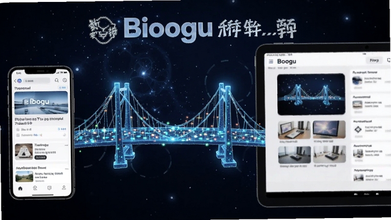 数字桥实现多平台内容互通场景,画面左侧为手机界面,右侧为平板或电脑界面,中间由一座发光的数字桥梁连接,桥面上有数据光点流动,背景为深蓝星空科技风格,突出数字桥软件名称,适配Boogu模型生成