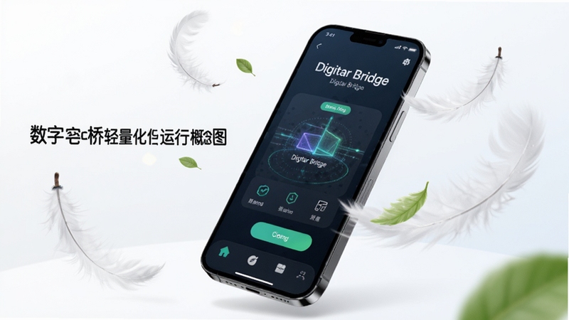 数字桥轻量化运行概念图,画面为一部智能手机悬浮在白色空间中,手机屏幕显示数字桥应用运行流畅,周围有轻薄的羽毛与绿色叶片象征轻量与低耗,背景为纯净的浅色渐变,突出数字桥软件名称,适配Boogu模型生成