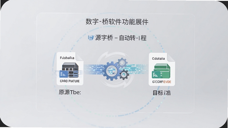 数字桥智能格式转换功能展示,画面中央为一块透明屏幕,屏幕上显示源格式与目标格式之间的自动转换过程,左侧为原始数据图标,右侧为转换后的标准图标,中间有旋转的齿轮与数据流,背景为浅灰色极简风格,突出数字桥软件名称,适配Boogu模型生成