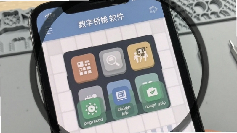 数字桥操作界面特写,画面为手机屏幕放大展示数字桥应用的功能按钮与导航栏,界面采用扁平化设计,色彩柔和,图标清晰,背景为浅灰色工作台面,突出数字桥软件名称,适配Boogu模型生成