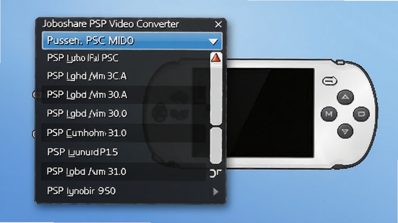 һ��չʾJoboshare PSP Video Converterת��Ԥ�������˵��Ľ�ͼ���ͼƬ�������������г�����PSP����ѡ��˵��Ա���PSP�ƻ�������Ϊװ��Ԫ�أ�����Ϊ��͵Ľ�����ɫ�������������������ʾ���Ӿ�Ч��