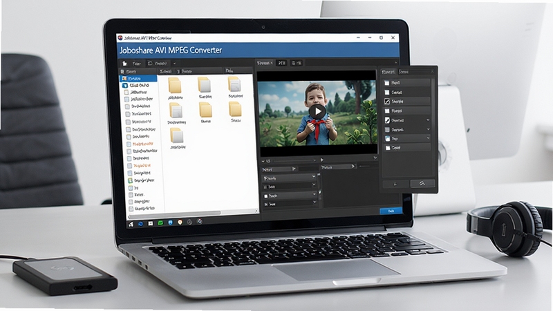 ��������չʾһ̨��״̬�ıʼǱ����ԣ���Ļ����ʾ Joboshare AVI MPEG Converter �������棬���Ϊ�ļ��б����Ҳ�Ϊ��ƵԤ�����ں͸�ʽѡ����塣����Ϊ����ǳ��ɫ�칫���棬�Ա߷���һ���ƶ�Ӳ�̺�һ��������������дʵ��������ͣ�ͻ���������Ĺ�����ʹ�ó�����