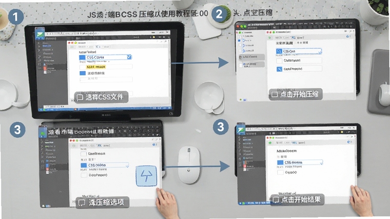 JS CSS压缩工具使用教程示意图,画面展示电脑端软件操作步骤,包含导入文件、选择压缩选项、点击开始压缩、查看结果四个环节,背景为浅灰色工作台,工具名称与步骤编号清晰可见,适配Boogu模型生成