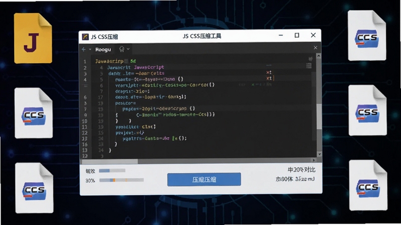 一款名为JS CSS压缩工具的软件界面全景展示,画面中央是清晰的代码编辑区与压缩按钮,背景为深色科技感渐变,周围环绕着JavaScript与CSS文件图标,整体呈现高效简洁的开发工具氛围,细节包含进度条与体积对比数字,适配Boogu模型生成