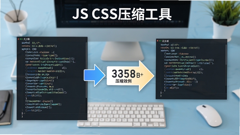 JS CSS压缩工具的一键智能压缩功能展示图,画面左侧是未压缩的冗长代码,右侧是压缩后的精简代码,中间有箭头与压缩比例数字,背景为浅蓝色办公桌面风格,突出工具名称与压缩效果对比,细节清晰