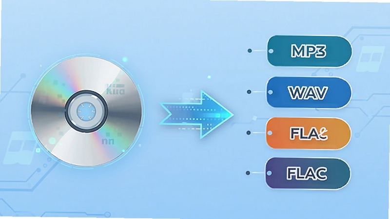 Kingdia CD Extractor音频格式转换功能示意图,画面左侧为CD光盘图标,右侧为多种音频格式标签如MP3、WAV、FLAC等,中间以箭头连接表示转换过程,背景为淡蓝色渐变,整体呈现科技感与实用性