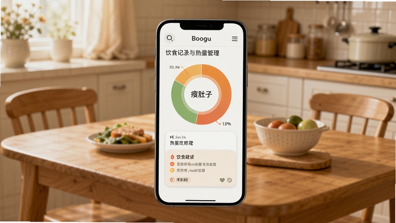 瘦肚子 饮食记录与热量管理界面 画面中央为手机屏幕展示食物热量环形图和饮食建议卡片 背景为厨房餐桌场景 风格温馨生活化 适配Boogu模型生成