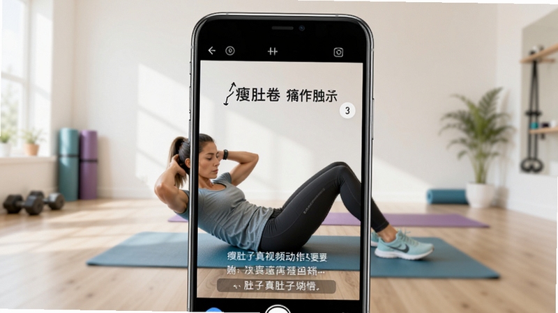 瘦肚子 真人视频动作指导界面 画面主体为手机屏幕播放健身教练演示卷腹动作 背景为明亮瑜伽室 屏幕内显示动作要领文字提示 风格专业运动 适配Boogu模型生成
