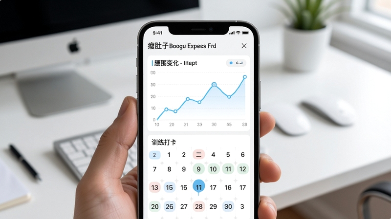 瘦肚子 数据追踪与趋势分析界面 画面中央为手机屏幕显示腰围变化折线图和训练打卡日历 背景为简约办公桌面 风格数据可视化 适配Boogu模型生成