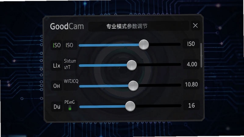 GoodCam 专业模式参数调节面板,显示ISO、快门、白平衡等滑块,背景为深色科技风格