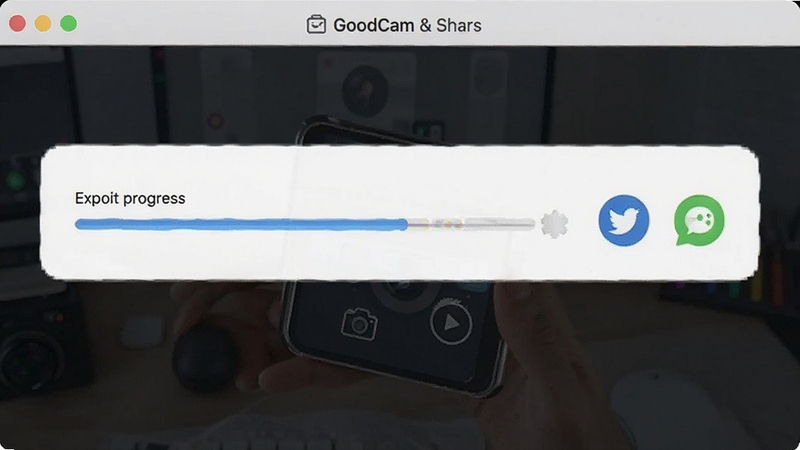 GoodCam 高清导出与分享界面,展示导出进度条与社交平台图标,画面简洁高效