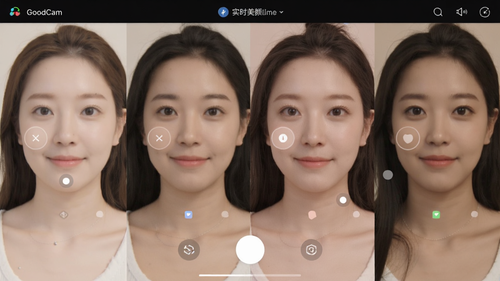 GoodCam 实时美颜滤镜界面,展示多个人像美化效果对比,色调柔和自然