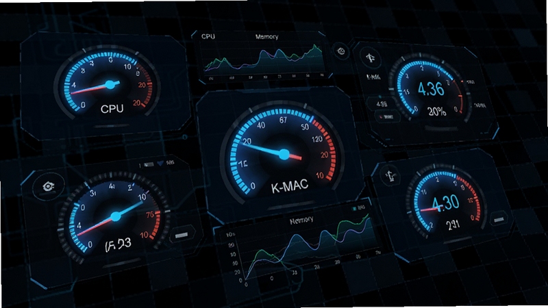 K-MACʵʱ���ܼ�ؽ��棬��������Ϊ��������Ǳ��̺Ͷ�̬����ͼ���ֱ���ʾCPU���ڴ桢��������ݣ��Ǳ��̴�����ɫ����ָ�룬����Ϊ��ɫ�Ƽ����������Ӿ�Ч������������δ����